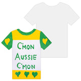 Cardboard T-Shirt Shape displayed with one decorated example featuring green and yellow colour blocking, green heart motifs on sleeves and hem, and hand-lettered text reading C'mon Aussie C'mon in green paint. Plain white template shown behind, demonstrating the blank surface ready for creative decoration and craft projects.