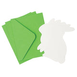 Stack of bright green rectangular cards displayed with a white bunny-shaped card featuring rounded ears, fluffy tail, and paw details. The Easter Bunny Cards come in a pack of five, showing the contrast between the vibrant green backing cards and the white bunny silhouette cutout.