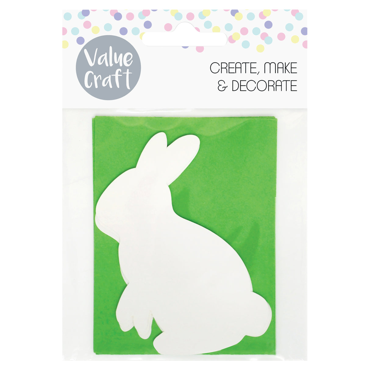 Value Craft Easter Bunny Cards displayed on white background with pastel confetti dots border. Grey circular logo reads "Value Craft" with text "CREATE, MAKE & DECORATE" alongside. White rabbit silhouette shown on bright green card, featuring sitting bunny with upright ears and fluffy tail.