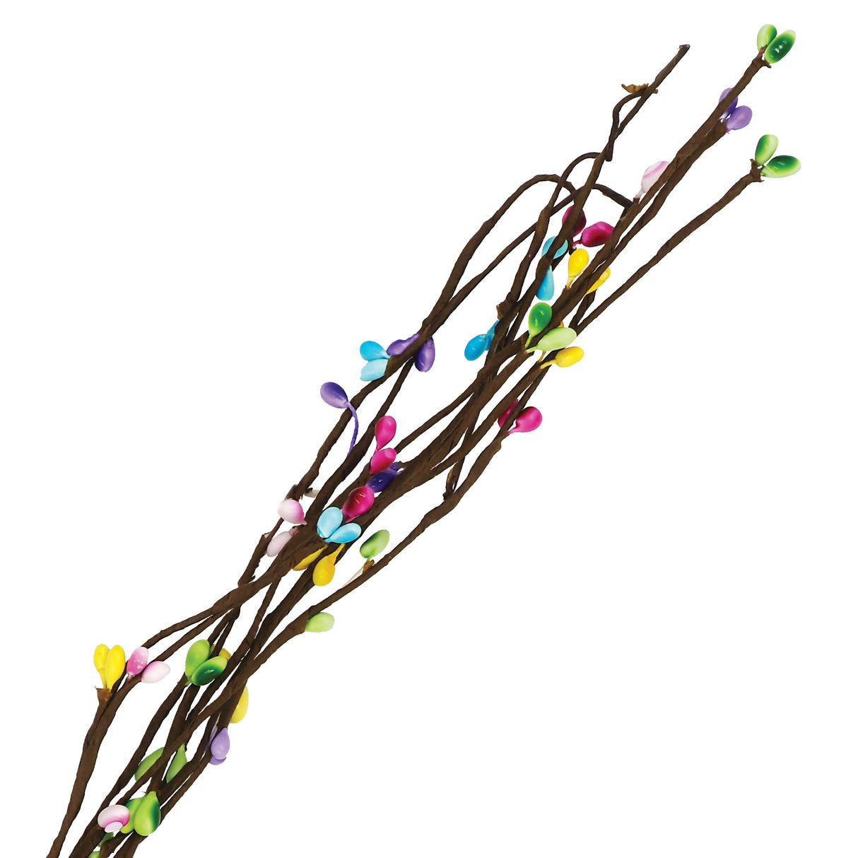Bundle of natural brown twigs adorned with colourful wire-wrapped buds in vibrant shades of yellow, pink, purple, green, and blue. The Decorative Wire Flower Bud Garland features flexible stems perfect for creative craft arrangements and floral displays.