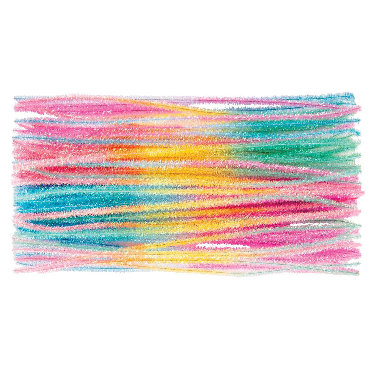 Vibrant rainbow-coloured tinsel stems arranged in horizontal layers showing textured, fuzzy fibres in pink, yellow, orange, blue, green, and purple hues. The 30cm chenille craft stems display their soft, bendable construction with wispy strands extending from twisted wire cores, demonstrating the versatile crafting material's bright colour range.