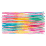 Vibrant rainbow-coloured tinsel stems arranged in horizontal layers showing textured, fuzzy fibres in pink, yellow, orange, blue, green, and purple hues. The 30cm chenille craft stems display their soft, bendable construction with wispy strands extending from twisted wire cores, demonstrating the versatile crafting material's bright colour range.