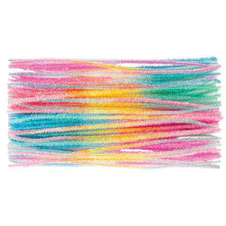 Vibrant rainbow-coloured tinsel stems arranged in horizontal layers showing textured, fuzzy fibres in pink, yellow, orange, blue, green, and purple hues. The 30cm chenille craft stems display their soft, bendable construction with wispy strands extending from twisted wire cores, demonstrating the versatile crafting material's bright colour range.