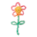 Decorative flower craft made from rainbow tinsel stems featuring five pink petals with a yellow-orange centre, green stem with two leaves, displayed against white background. The fluffy, textured tinsel creates a sparkly, dimensional effect.