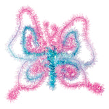 Bundle of shimmering tinsel stems in pink, turquoise, lavender and white arranged in loose, tangled loops on a white background. The flexible chenille stems feature iridescent metallic fibres creating a sparkly, feathery texture ideal for craft projects and decorative displays.