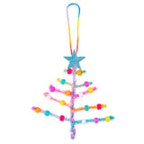 A Christmas tree shape formed using Zart Tinsel Stems in pastel rainbow colours, twisted into a trunk and branching tiers. Multicoloured beads thread along each branch, and a glittery blue star tops the tree. A twisted rainbow cord loop allows it to hang.