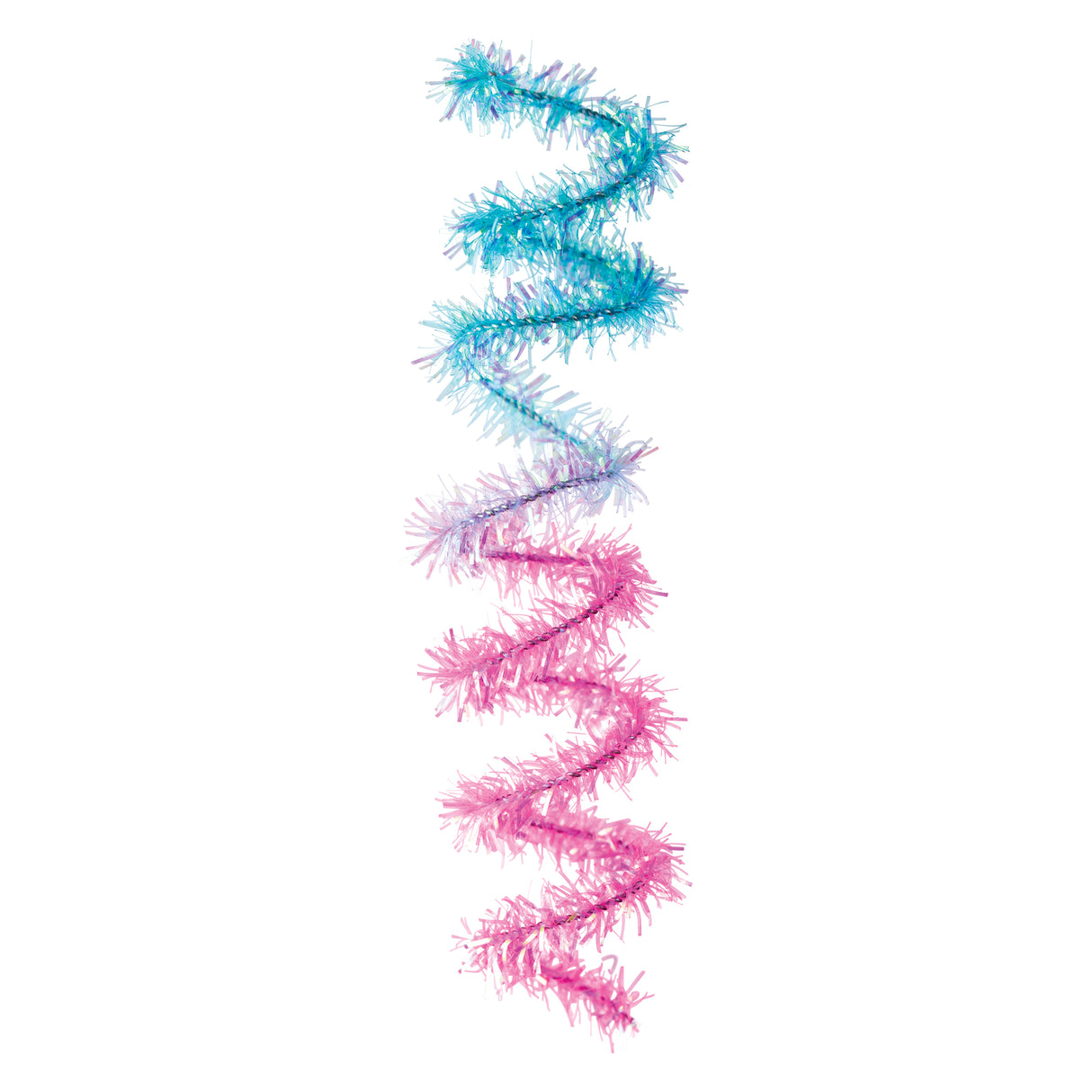 Twisted tinsel stem displaying a vibrant colour gradient from turquoise blue at the top, transitioning through purple and lavender in the middle, to bright pink at the bottom. The fuzzy, sparkly tinsel fibres extend outward from the central wire core, creating a fluffy, festive appearance ideal for craft projects.