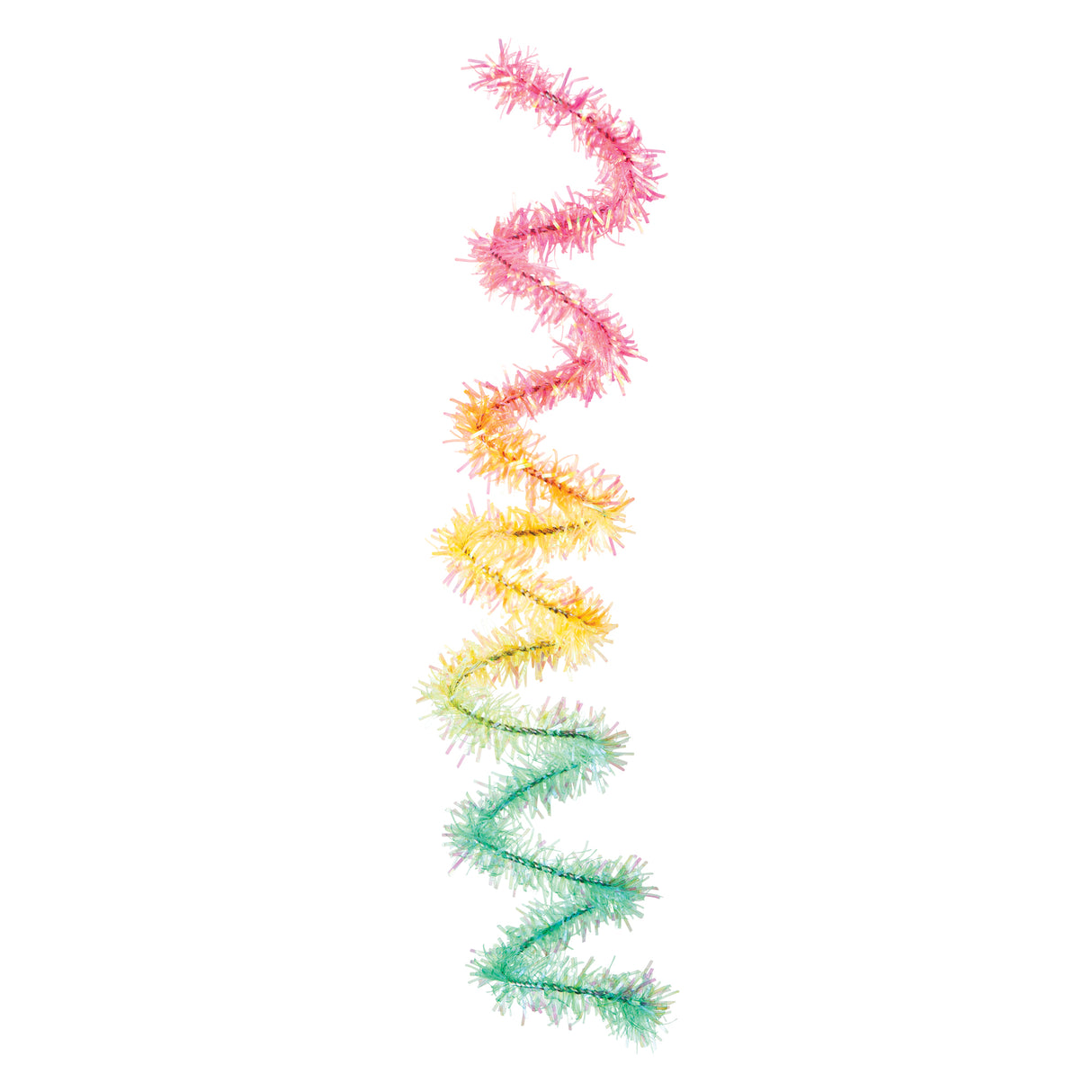 Rainbow-coloured tinsel stem displayed in an S-curve against white background, showing gradient transition from pink at top through coral, yellow, and lime to turquoise at bottom. The 30cm chenille craft wire features fluffy, sparkly fibres radiating from a flexible wire core, ideal for arts and crafts projects.