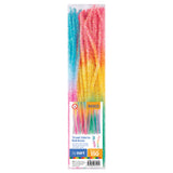 Pack of 150 rainbow-coloured tinsel stems in clear plastic packaging displaying vibrant gradient from turquoise and pink at top through red, orange, yellow, to green at bottom. BASICS logo visible. Product labeled Tinsel Stems Rainbow, 6mm x 30cm length. Colours: pink to blue and red-yellow-green.