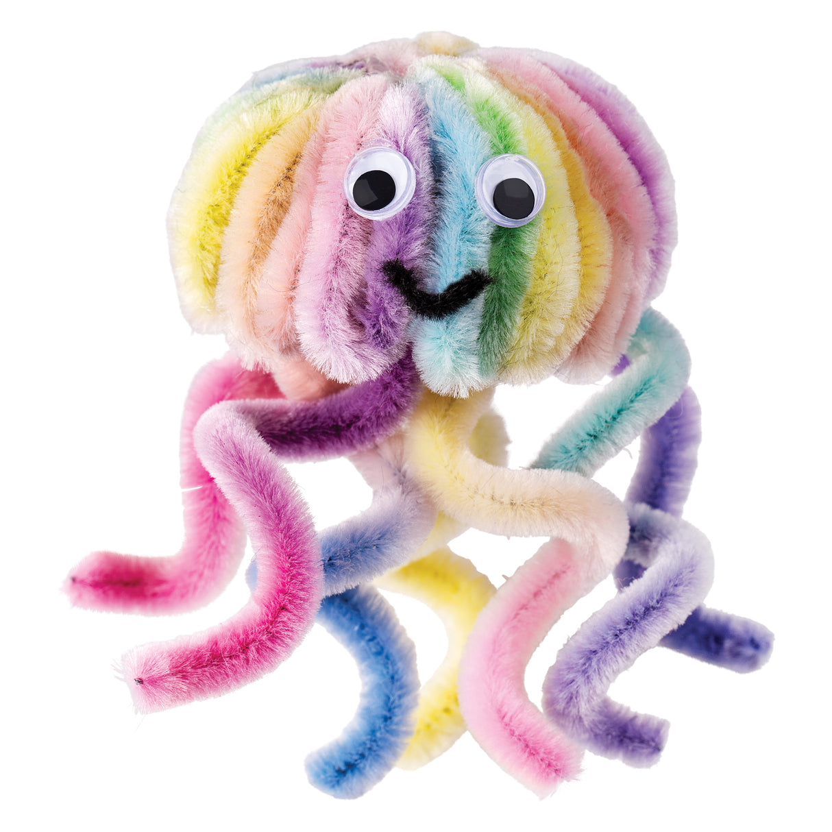 Whimsical dog craft created with rainbow ombre chenille stems featuring pastel shades of pink, purple, blue, green, and yellow. The playful figure has googly eyes, a black pipe cleaner smile, large floppy ears, and curly tentacle-like legs, demonstrating the creative possibilities of bendable chenille stems for children's art projects.