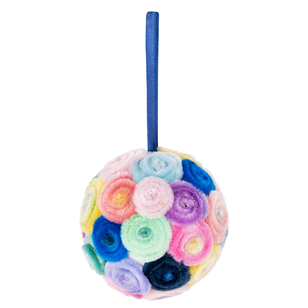 A round ornament made using Zart Chenille Stems Ombre, formed from tightly coiled fuzzy rosettes in soft pastel shades — blush pink, sky blue, lilac, mint, navy and yellow. A royal blue ribbon loop extends from the top, allowing the ball to hang.