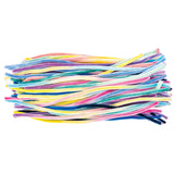 A large bundle of colourful chenille stems in ombre shades arranged in a loose, flowing pile. The flexible craft stems feature vibrant colours including pink, yellow, purple, blue, mint green, cream, and navy, creating a rainbow effect across the 30cm lengths.