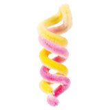 A fluffy chenille stem twisted into a spiral shape, displaying a gradient of soft pastel colours including yellow, peach, pink, and coral. The bendable craft stem features a fuzzy, textured surface throughout its 30cm length, demonstrating the ombre colour transition effect available in this pack of 150 stems.