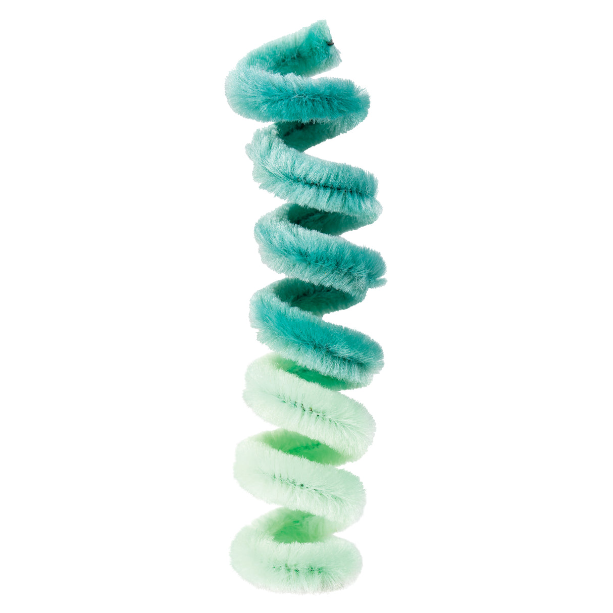 Vertically arranged ombre chenille stems forming a spiral pattern, transitioning from dark teal at the top through turquoise and aqua tones to pale mint green at the bottom, showcasing the soft, fluffy texture and colour gradient of the craft stems.