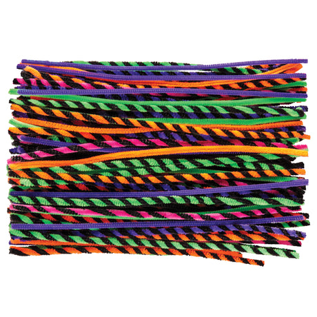 Large assortment of chenille stems in Halloween colours including purple, orange, green, black, and pink. The pack features both solid-coloured and twisted two-tone striped stems with fuzzy textured surfaces, arranged in overlapping layers showing the variety of colour combinations available in this craft material collection.