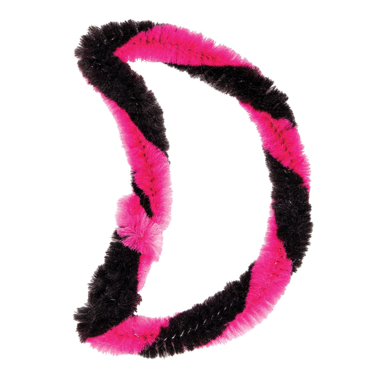 Twisted chenille stem crafted in alternating segments of vibrant hot pink and black, forming a fluffy, textured letter D shape. The stem features soft, bristly fibres creating a fuzzy appearance, ideal for Halloween-themed craft projects and creative decorations.