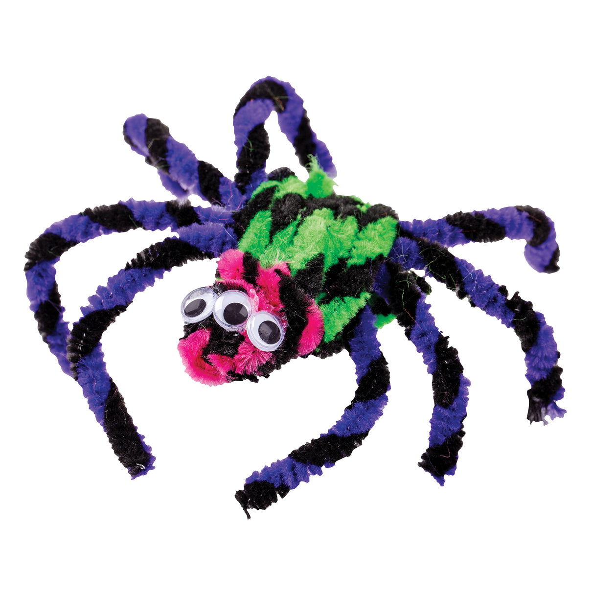 Colourful craft spider made with twisted chenille stems in bright pink, green, purple, and black stripes forming the body and eight bent legs, decorated with three googly eyes. A creative sample demonstrating Halloween chenille stem crafting possibilities with vibrant colour combinations.