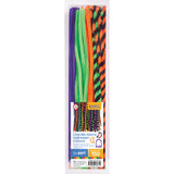 Pack of 150 Zart Basics chenille stems in Halloween colours including purple, lime green, mint green, orange, and black with orange striped pieces. The flexible craft stems are displayed in clear packaging showing their 6mm x 30cm length and assorted plain and striped themed designs.