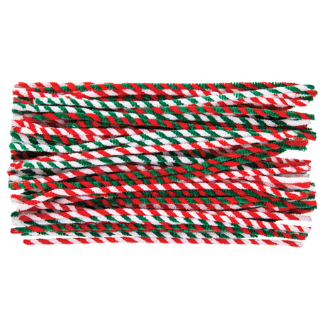 Bundle of twisted chenille stems in festive Christmas colours featuring candy cane-style diagonal stripes in red, white and green combinations. The flexible pipe cleaners are stacked horizontally, displaying various striped patterns perfect for holiday crafts and decorations.