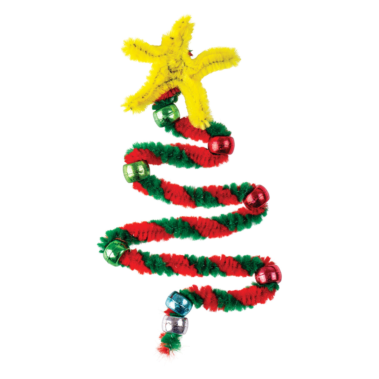 Festive Christmas tree craft made from twisted red and green striped chenille stems forming a spiral cone shape, decorated with metallic baubles in green, red, blue and silver, topped with a bright yellow chenille stem star.
