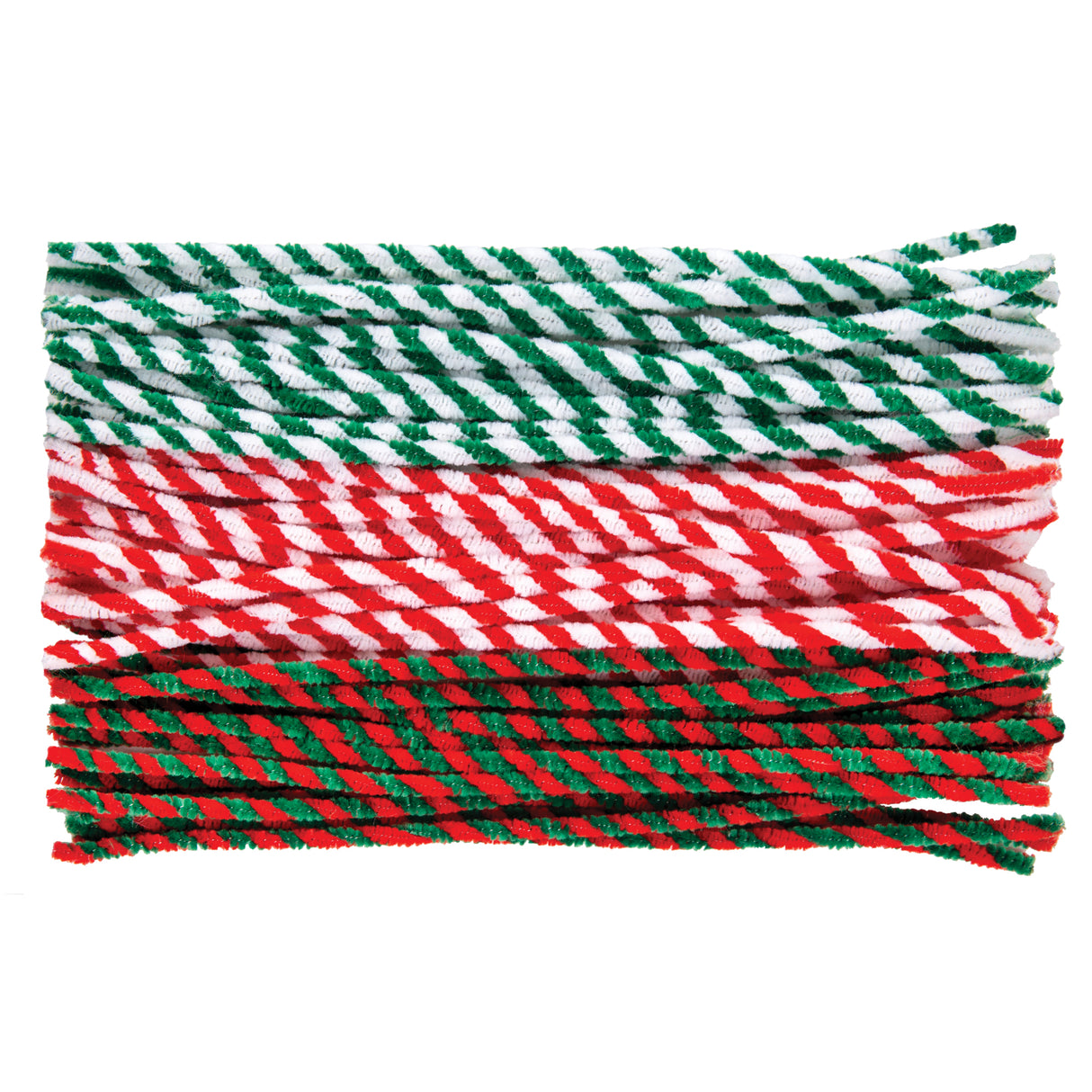 Bundle of festive chenille stems in three Christmas colour combinations: green and white diagonal stripes, red and white diagonal stripes, and red with green diagonal stripes. The flexible craft stems are arranged in neat horizontal rows, displaying their fuzzy twisted wire texture ideal for holiday craft projects.