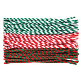 Bundle of festive chenille stems in three Christmas colour combinations: green and white diagonal stripes, red and white diagonal stripes, and red with green diagonal stripes. The flexible craft stems are arranged in neat horizontal rows, displaying their fuzzy twisted wire texture ideal for holiday craft projects.