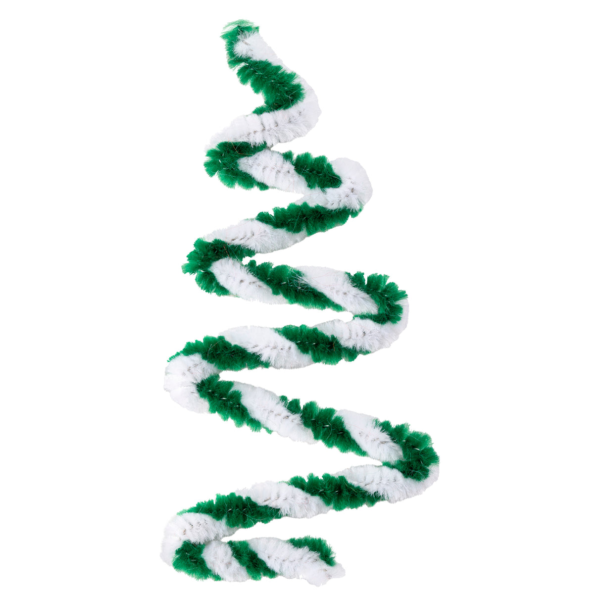 Fluffy chenille stem twisted into a spiral formation, featuring alternating segments of deep green and white creating a festive striped pattern. The bendable craft stem displays soft, fuzzy texture ideal for Christmas-themed art projects and decorative crafts.
