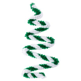 Fluffy chenille stem twisted into a spiral formation, featuring alternating segments of deep green and white creating a festive striped pattern. The bendable craft stem displays soft, fuzzy texture ideal for Christmas-themed art projects and decorative crafts.
