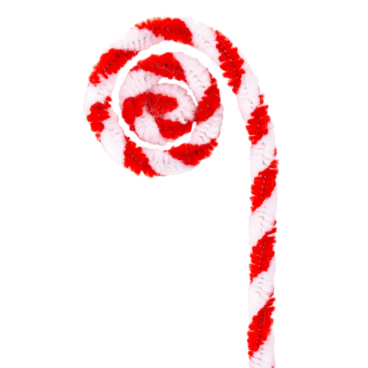 Flexible chenille stem crafted into a candy cane spiral shape, featuring alternating segments of bright red and white fluffy texture. The stem demonstrates the versatile nature of Chenille Stems Christmas Stripe, showing how the striped pattern creates a festive peppermint swirl effect when twisted and coiled.