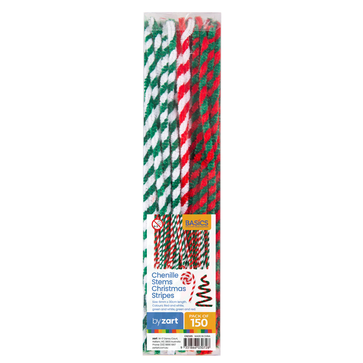 Pack of 150 chenille stems in festive Christmas stripes, featuring twisted fuzzy pipe cleaners in red and white, green and white, and green and red diagonal patterns. BASICS branding visible on clear packaging. Size 6mm x 30cm length noted on label.