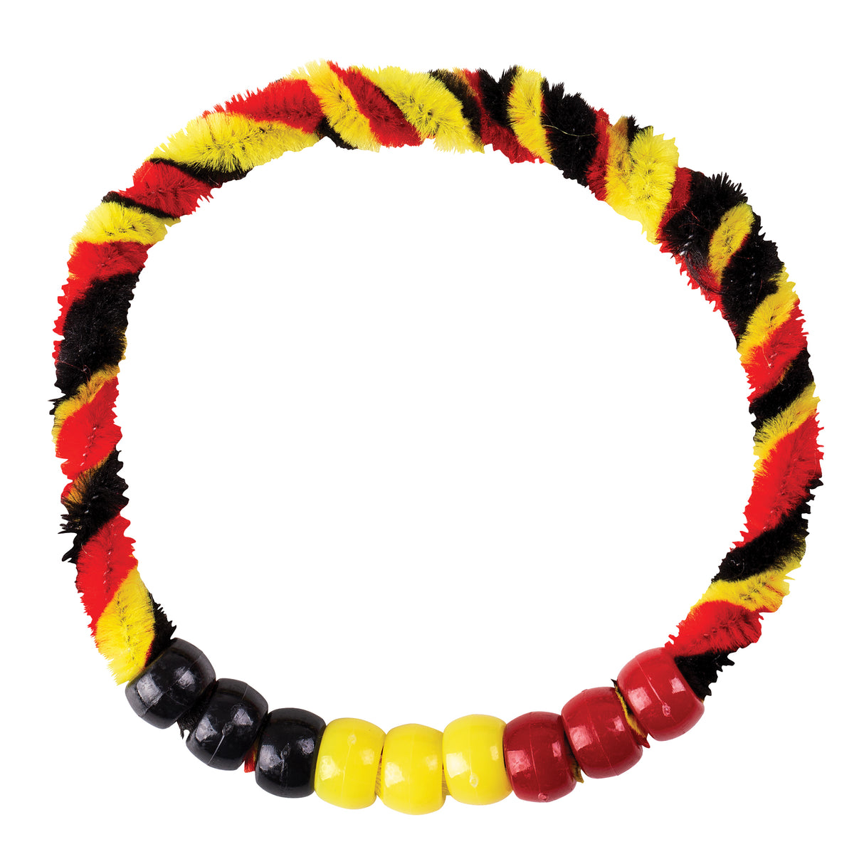 Circular wreath crafted from twisted chenille stems in Aboriginal flag colours of black, red and yellow, with wooden beads in matching colours threaded at the base, displayed on white background.