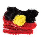 Chenille stems in Aboriginal flag colours arranged on white background, featuring fluffy pipe cleaners in black, red, and yellow. The stems are coiled and overlapping, displaying their textured, bristly surface ideal for creative craft projects and educational activities.
