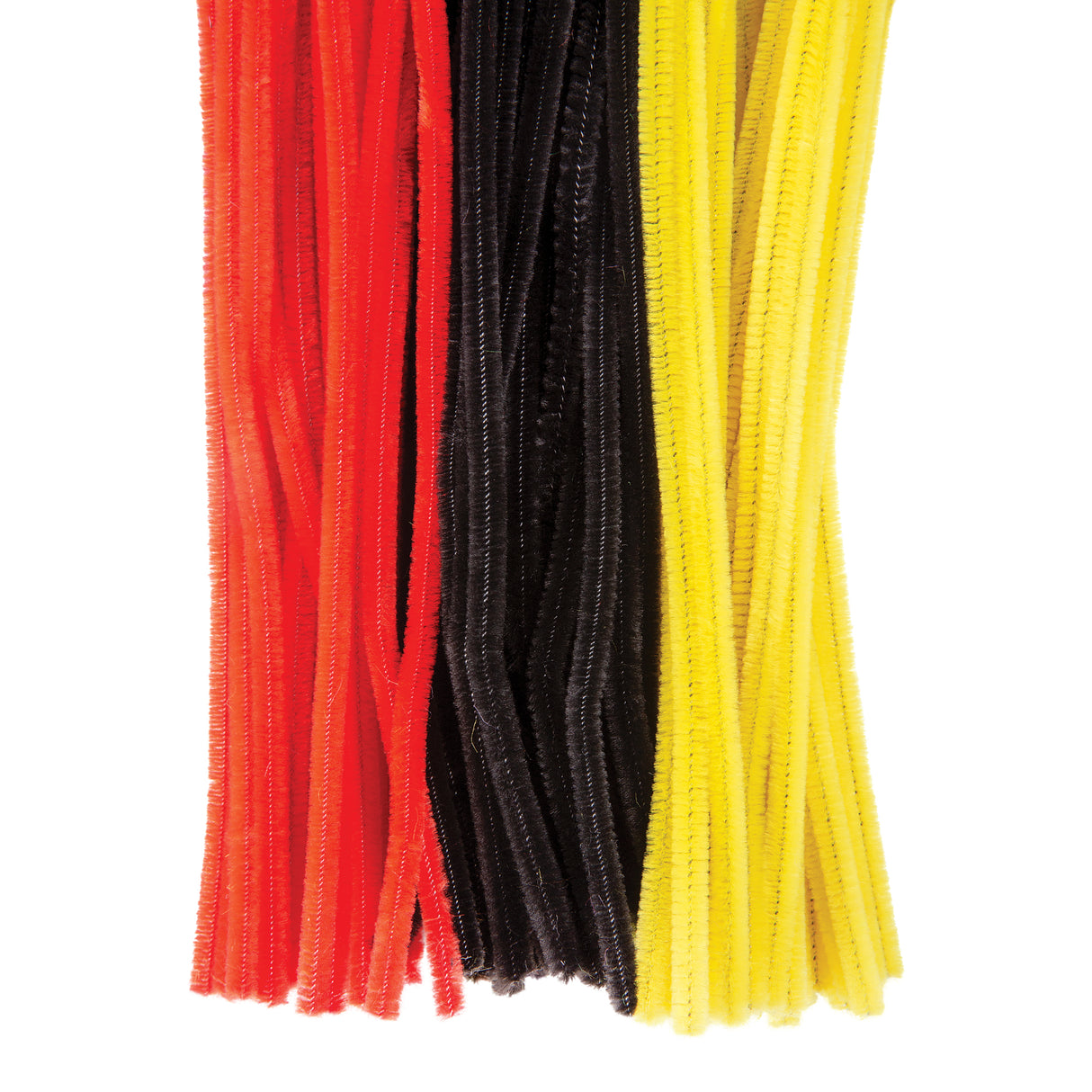 Bundle of chenille stems in Aboriginal flag colours arranged in three distinct groups: vibrant red stems on the left, black stems in the centre, and bright yellow stems on the right. The flexible, fuzzy pipe cleaners are displayed in a flowing, twisted arrangement, showcasing their textured surface and bendable quality for creative craft projects.