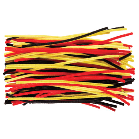 A large bundle of chenille stems in Aboriginal flag colours featuring flexible pipe cleaners in yellow, red, and black. The stems are loosely piled together showing their fuzzy texture and bendable wire cores, ideal for craft projects and educational activities celebrating Indigenous Australian culture.