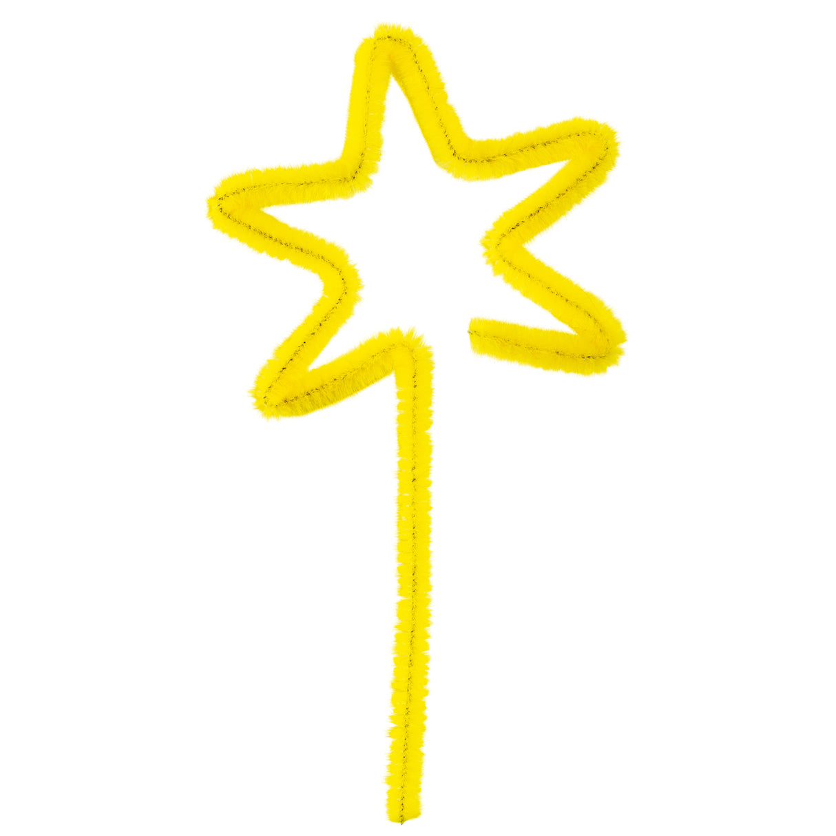 Bright yellow chenille stem bent and twisted to form a five-pointed star shape with a long straight stem extending downward, displayed against a white background. The fuzzy, textured craft wire shows visible fibres along its edges, demonstrating the flexible and sculptable nature of chenille stems from the Aboriginal Flag Colours pack.
