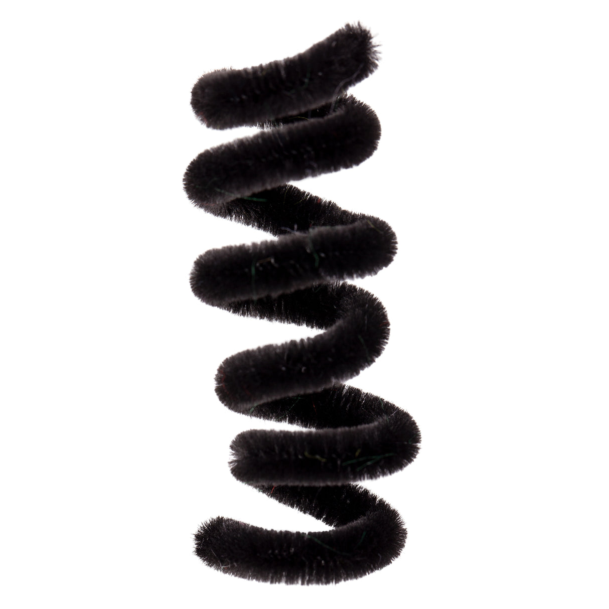 Single black chenille stem twisted into a spiral formation against a white background, displaying the soft, fuzzy texture and flexible wire core. Part of the Chenille Stems Aboriginal Flag Colours pack, this craft material is ideal for sculpture, collage, and creative construction projects in classrooms and art studios.