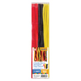 Pack of 150 chenille stems in Aboriginal Flag colours displayed in clear packaging. The flexible craft stems are organised in three distinct sections: red, black, and yellow. The Basics by Zart packaging shows the product dimensions of 6mm x 30cm length and features colourful branding at the bottom.