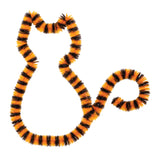 Fluffy chenille stems in orange and black striped pattern resembling tiger or bee stripes, arranged in curved shapes against white background. The pipe cleaners feature soft, fuzzy texture with alternating colour bands. Three pieces shown in varying sizes demonstrating the flexible, bendable nature of these craft stems from the Animal Tones collection.