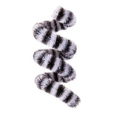 Fluffy chenille stem twisted into a spiral shape, featuring soft white fibres with black striped pattern resembling zebra or tiger markings, shown against a plain white background displaying the texture and flexibility of the craft material.