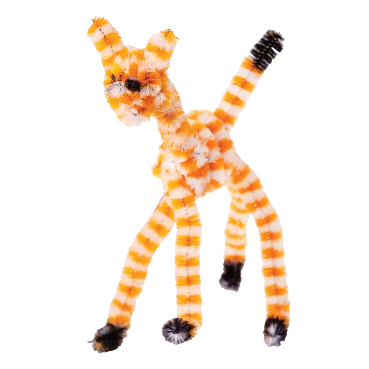 Colourful tiger craft made from Chenille Stems in Animal Tones, featuring orange and white striped body and limbs with black paws and tail tip. The playful figure showcases fluffy textured chenille stems twisted and shaped into a jumping pose with raised arms and tail.