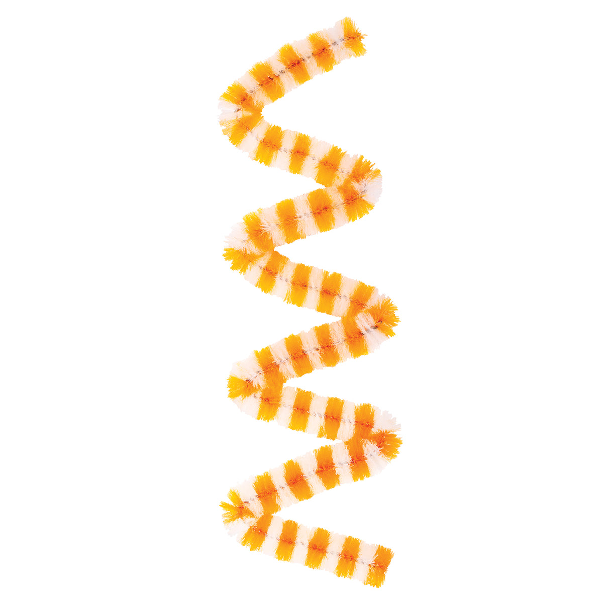 Wavy arrangement of Chenille Stems in Animal Tones displaying alternating segments of golden yellow, bright orange, and soft peach colours. The fluffy pipe cleaners feature a textured, fuzzy surface with their characteristic twisted wire construction visible throughout, creating a decorative striped pattern against a white background.