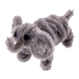 Grey chenille stem craft shaped into a small dog figure with fuzzy textured body, legs, tail, and rounded head with ears. The pipe cleaner sculpture demonstrates the flexible, sculptural properties of Chenille Stems Animal Tones, shown against a white background.