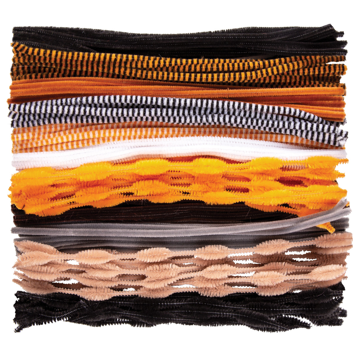 Stack of 150 chenille stems in animal-inspired tones including black, orange and black striped, solid orange, black and white striped, orange and white striped, white, bright yellow with orange markings, grey, beige with white spots, and black. The fuzzy pipe cleaners are layered horizontally showing the variety of colours and patterns in this Animal Tones pack.