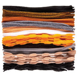 Stack of 150 chenille stems in animal-inspired tones including black, orange and black striped, solid orange, black and white striped, orange and white striped, white, bright yellow with orange markings, grey, beige with white spots, and black. The fuzzy pipe cleaners are layered horizontally showing the variety of colours and patterns in this Animal Tones pack.