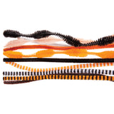 Assorted chenille stems in animal-inspired colours including black, brown, tan, peach, orange, red, and yellow arranged on a white background. The fuzzy pipe cleaners feature various patterns including solid colours, striped combinations of orange and black, and twisted multicoloured designs, perfect for creative craft projects.