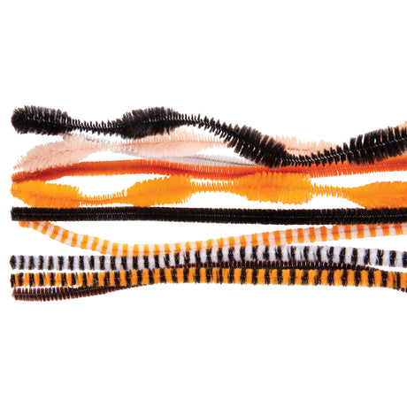 Assorted chenille stems in animal-inspired colours including black, brown, tan, peach, orange, red, and yellow arranged on a white background. The fuzzy pipe cleaners feature various patterns including solid colours, striped combinations of orange and black, and twisted multicoloured designs, perfect for creative craft projects.