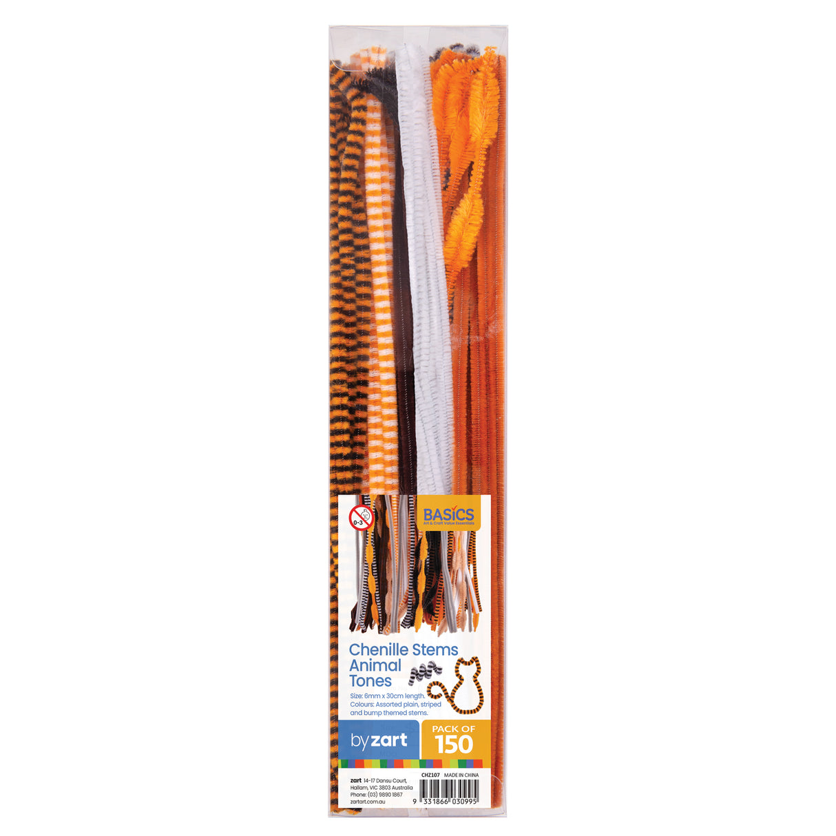 Pack of 150 chenille stems in animal-inspired tones displayed in clear packaging. Assorted colours include orange, white, brown, yellow and black in striped and solid patterns. Stems measure 6mm x 30cm length. by zart BASICS branding visible on packaging with size and colour specifications noted.