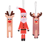 Three hanging Christmas ornaments made using Wooden Popsticks, painted and decorated. A tan reindeer with felt antlers, Joggle Eyes and a red pom nose; a Santa figure with a felt hat, pom-pom trim and painted red suit; and a mauve reindeer with brown felt antlers and a red nose. Black-and-white cord loops top each.