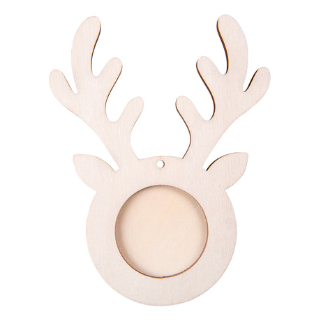 Unfinished wooden reindeer-shaped ornament frame with branching antlers and circular photo opening in the centre. Natural plywood construction with visible wood grain texture and small hanging hole at top. Ready to decorate for Christmas craft projects.