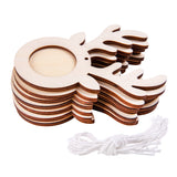 Stack of ten laser-cut wooden reindeer-shaped frames with natural plywood finish, showing layered depth and dark-edged detail. Each piece features a circular aperture in the body, wing-like antlers, and a small eye detail. White hanging cord included below the frames for display purposes.